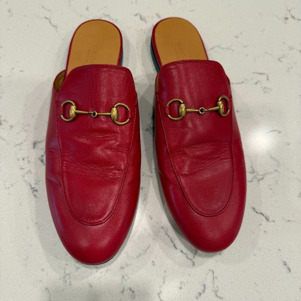 GUCCI PRINCETOWN HIBICUS RED MULES 39.5 US PREOWNED GREAT CONDITION